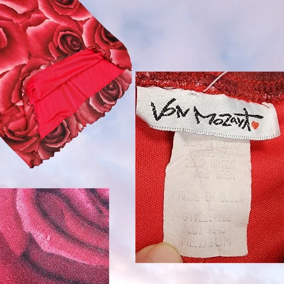 Vtg 90 Y2k Red Black Rose AOP Flower Floral Mod Retro Midi Preppy Hi Low Skirt M - Picture 4 of 4